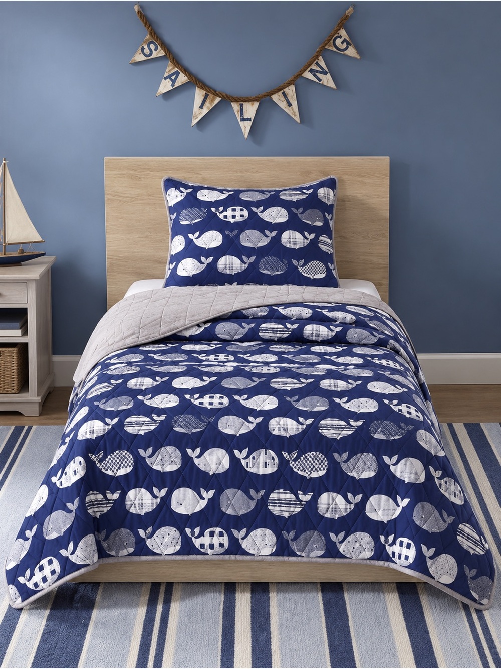 URBAN HABITAT KIDS Moby Twin Coverlet & Pillow Sham Navy Whale Nautical Quilt